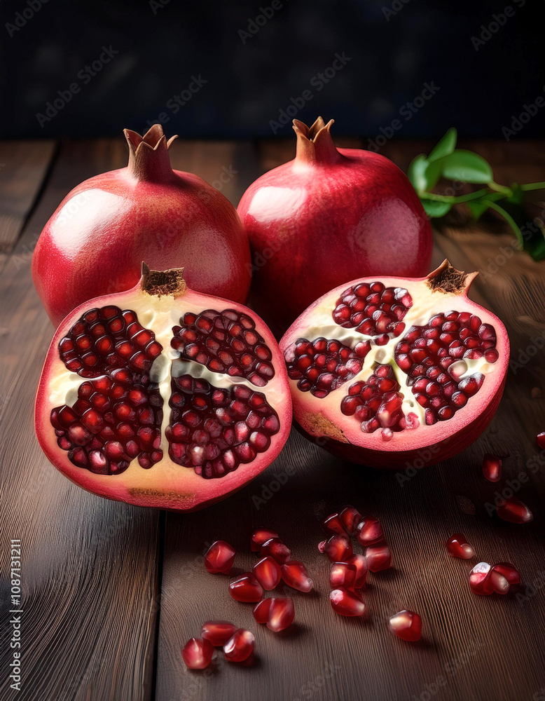 Pomegranates halved, highlighting bright red seeds, arranged on a dark wooden board Pomegranates halved, highlighting bright red seeds, arranged on a dark wooden board