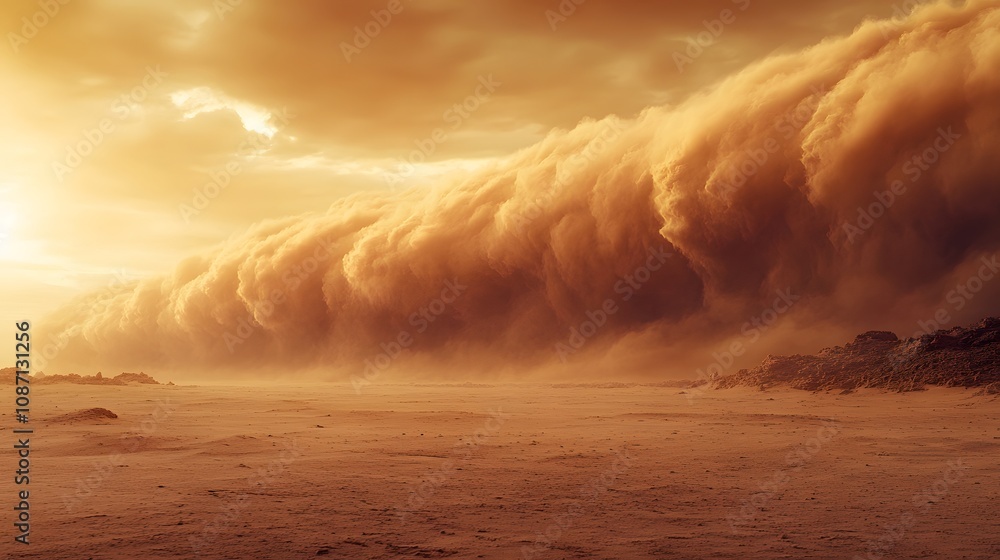 Dramatic desert sandstorm with massive dust clouds rolling across barren landscape, featuring intense orange-brown atmosphere in cinematic wide shot. Dramatic desert sandstorm with massive dust clouds rolling across barren landscape, featuring intense orange-brown atmosphere in cinematic wide shot.
