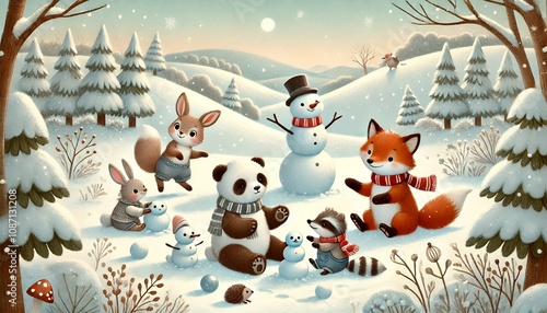 Delightful Winter Scene of Five Adorable Animals Joyfully Playing in the Snow Under a Bright, Clear Sky in a Gentle Storybook Style photo