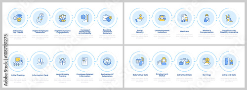 Human resources management infographics set. Employment organization. Flow charts infocharts with steps. Editable vector info graphics icons collection. Montserrat-SemiBold, Regular fonts used