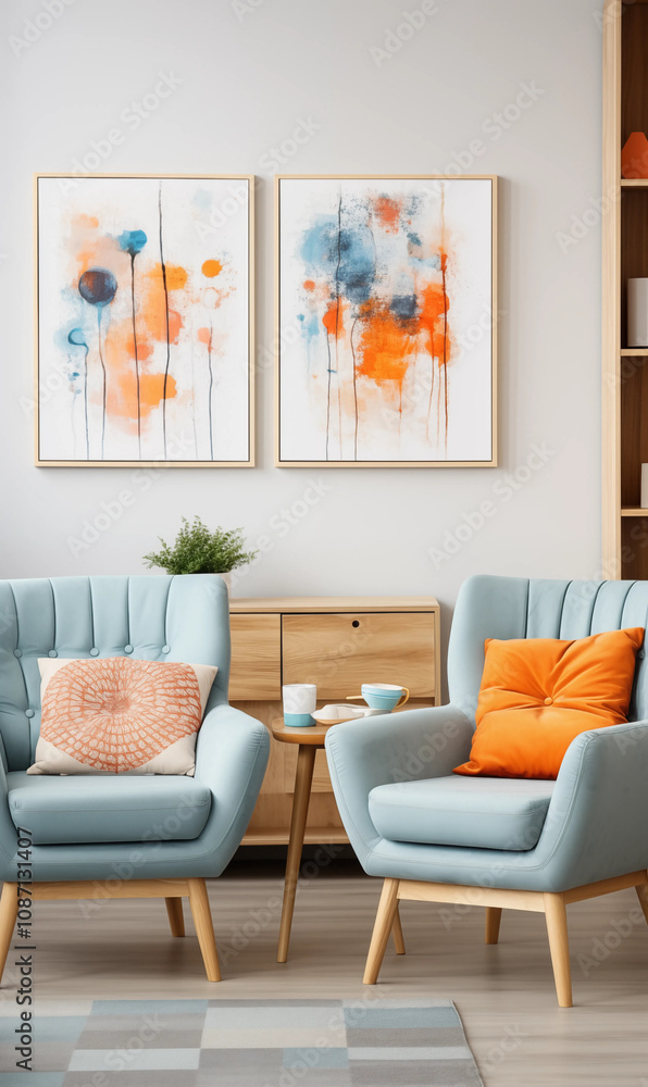 Fototapeta premium Abstract Orange Teal Wall Art in Modern Living Room