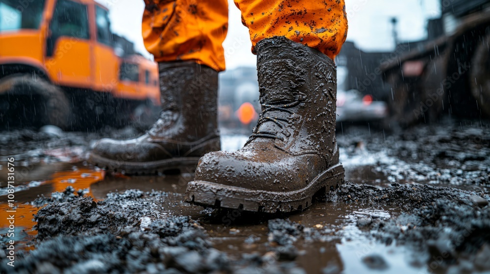 Muddy Work Boots in Rainy Construction Environment Muddy Work Boots in Rainy Construction Environment