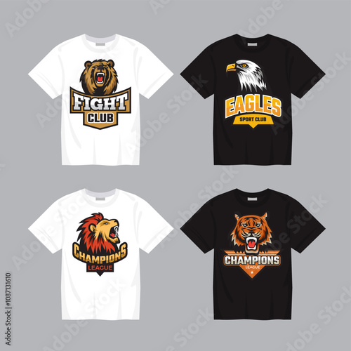 tshirt sport club. agressive stylized emblems with animals tiger eagle bear and lion