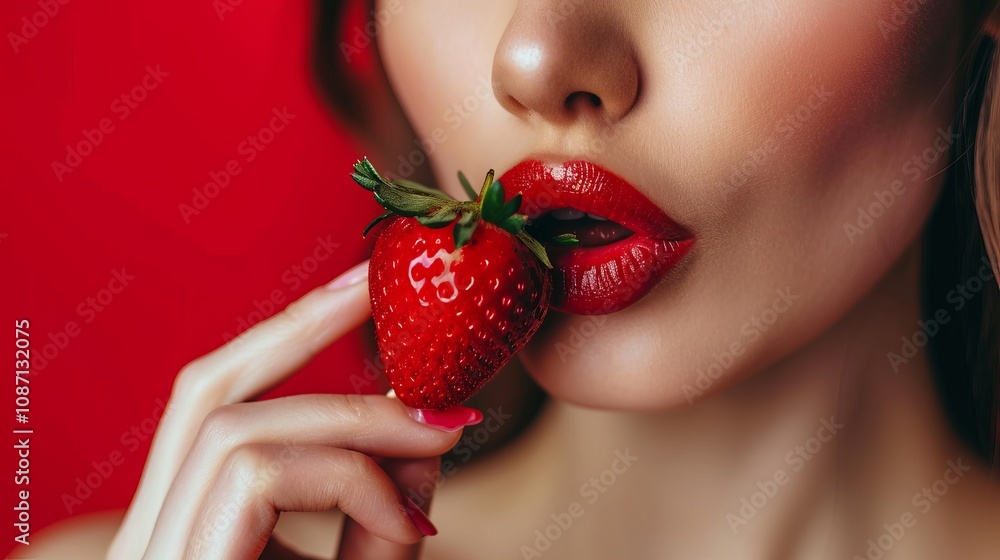 Seductive woman with red lips eating strawberry, close up of woman's mouth eating strawberry. Seductive woman with red lips eating strawberry, close up of woman's mouth eating strawberry.
