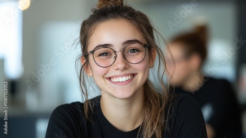 A woman with glasses is smiling and looking at the camera