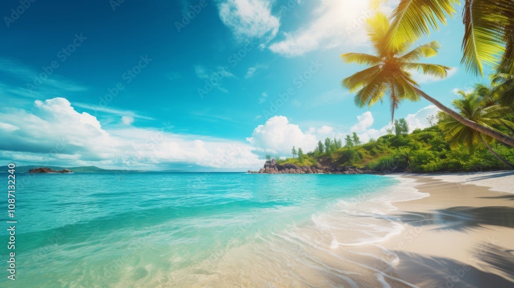 Obraz premium Beautiful tropical ocean with blue sky and palm trees in summer