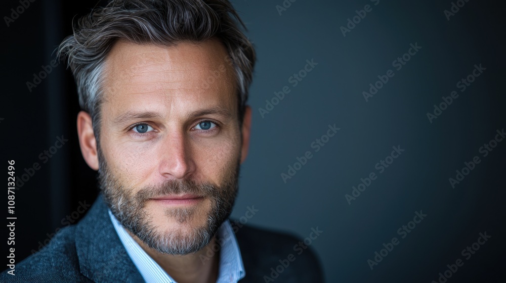 Obraz premium A man with a beard and glasses is wearing a suit and smiling