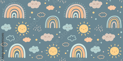 Baby seamless pattern on blue background in boho style with clouds, sun and rainbow for textiles or fabric for newborns and nursery