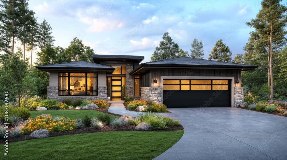 Modern house design with stone accents and lush landscaping in a serene residential neighborhood during daytime Modern house design with stone accents and lush landscaping in a serene residential neighborhood during daytime