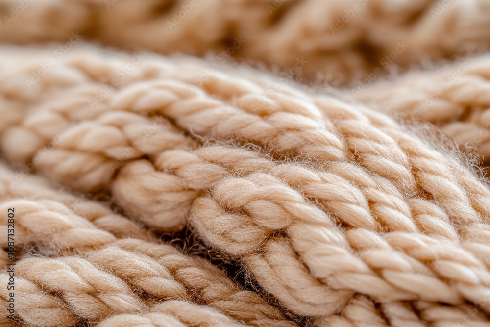 Image of thick beige yarn intertwined in loops, forming a soft and plush texture, illustrating warmth, intricacy, and the craft of knitting fabric. Image of thick beige yarn intertwined in loops, forming a soft and plush texture, illustrating warmth, intricacy, and the craft of knitting fabric.