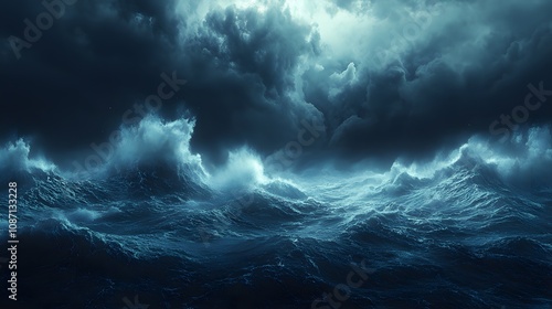 Dramatic nighttime seascape with stormy clouds, turbulent waves, and moonlit water surface, showcasing threatening weather in cinematic wide shot.