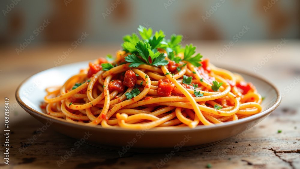 Delicious pasta dish served on a wooden table with a garnish of fresh herbs. Delicious pasta dish served on a wooden table with a garnish of fresh herbs.