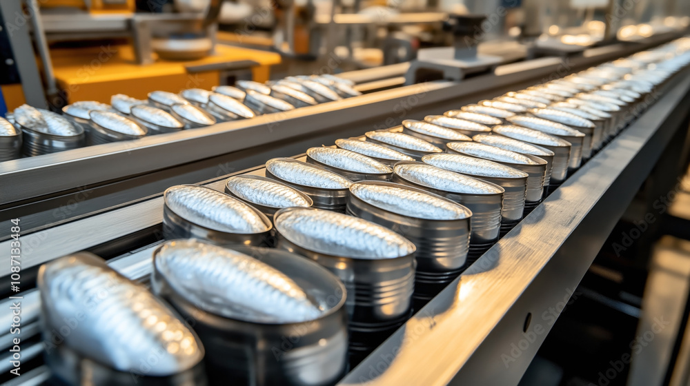 Obraz premium Close-up of sardine cans lined up on a production line in a factory setting, highlighting the metallic sheen and uniform arrangement of packaging in an industrial environment