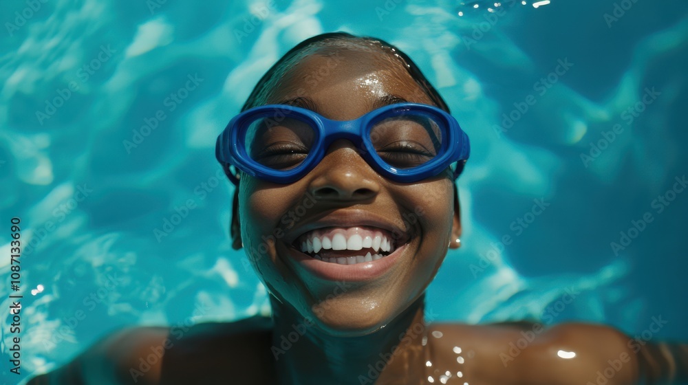 Naklejka premium An exuberant swimmer beams underwater, framed by glistening blue waves, encapsulating the spirit of carefree fun.