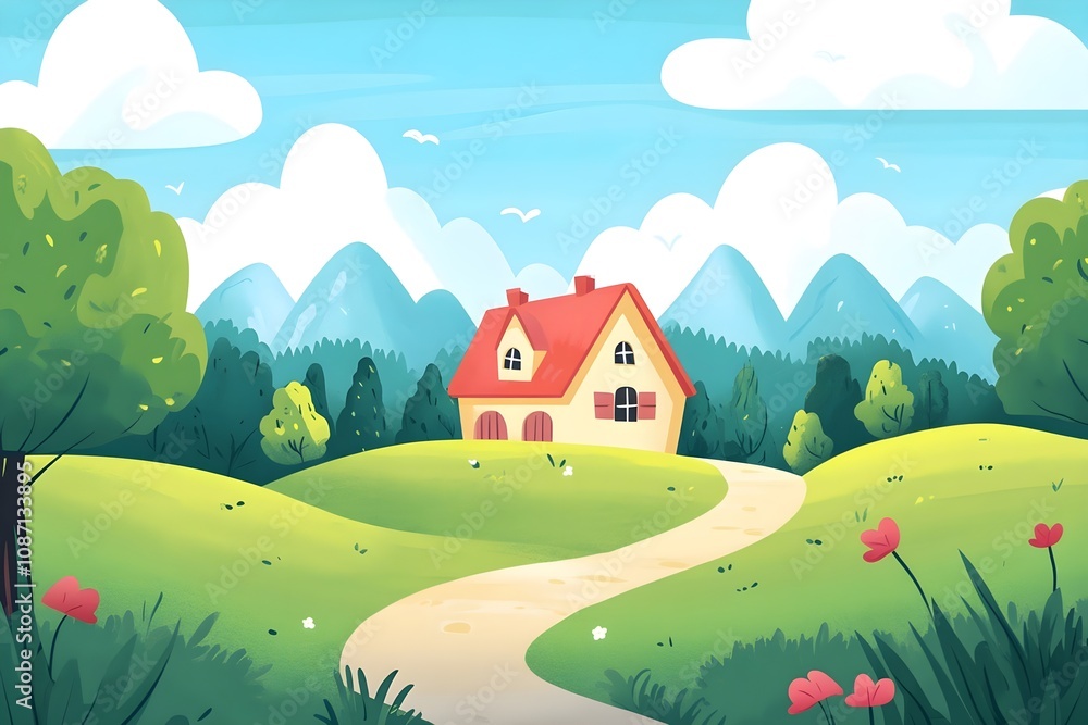 Fototapeta premium Beautiful autumn mountain landscape. Vector illustration. winter Vector art style landscape. Sunset in mountains illustration, nature, vector, background, hill, sky, mountain, tree, environment,