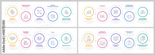 Business efficiency management infographics circles set. Workflow organization, productivity. Editable thin line icons diagrams process with steps collection. Montserrat-SemiBold, Regular fonts used