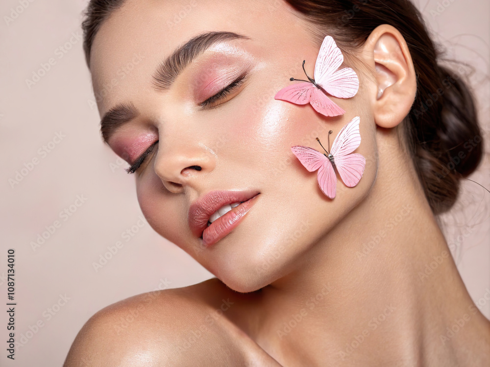 Face of young beautiful woman covered with pink butterfly. Beauty skin care make up cosmetics concept banner Face of young beautiful woman covered with pink butterfly. Beauty skin care make up cosmetics concept banner