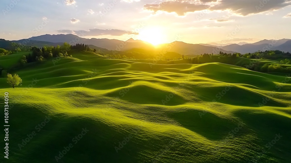 Obraz premium Breathtaking Rolling Green Hills Under a Glowing Sunset with Scattered Clouds