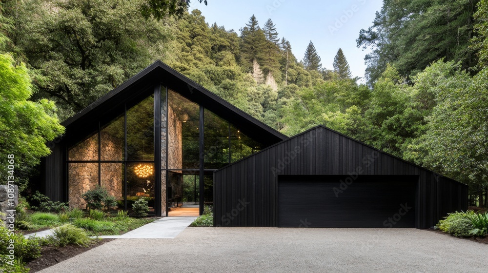 Modern black house surrounded by trees in a serene natural setting during bright daylight Modern black house surrounded by trees in a serene natural setting during bright daylight