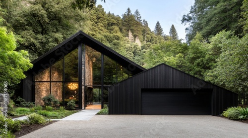 Modern black house surrounded by trees in a serene natural setting during bright daylight