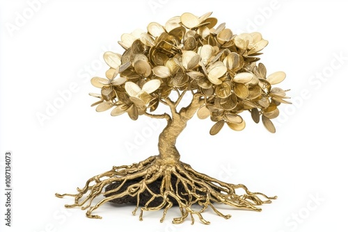 Artistic golden tree sculpture on white isolated background.