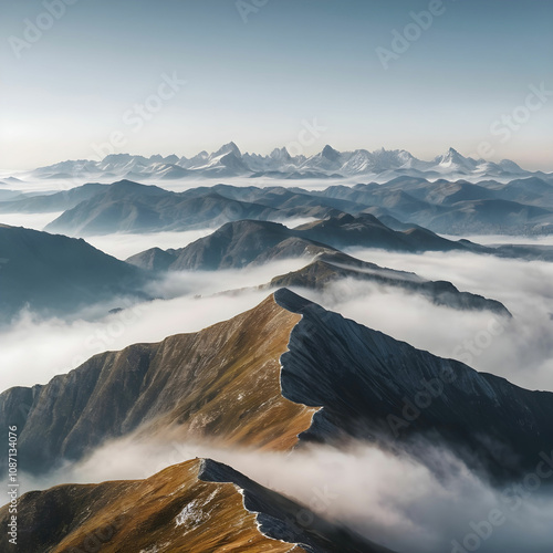 Beautiful shot of high white hilltops and mountains covered in fog