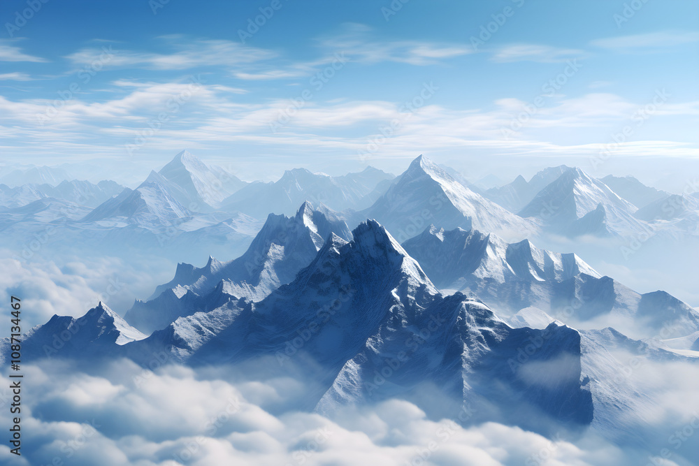 Obraz premium Breathtaking snowy mountain peaks above the clouds, nature landscape.