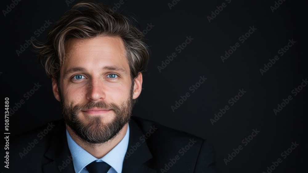 A man with a beard and a blue shirt is wearing a black suit and tie A man with a beard and a blue shirt is wearing a black suit and tie