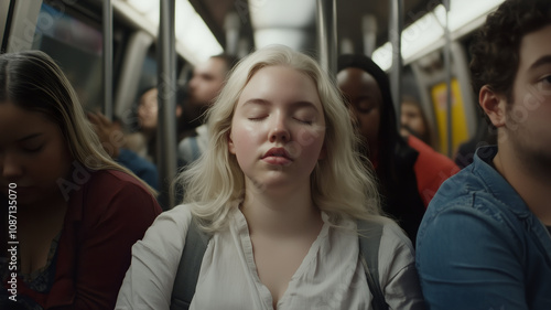 Tired woman in busy metro train