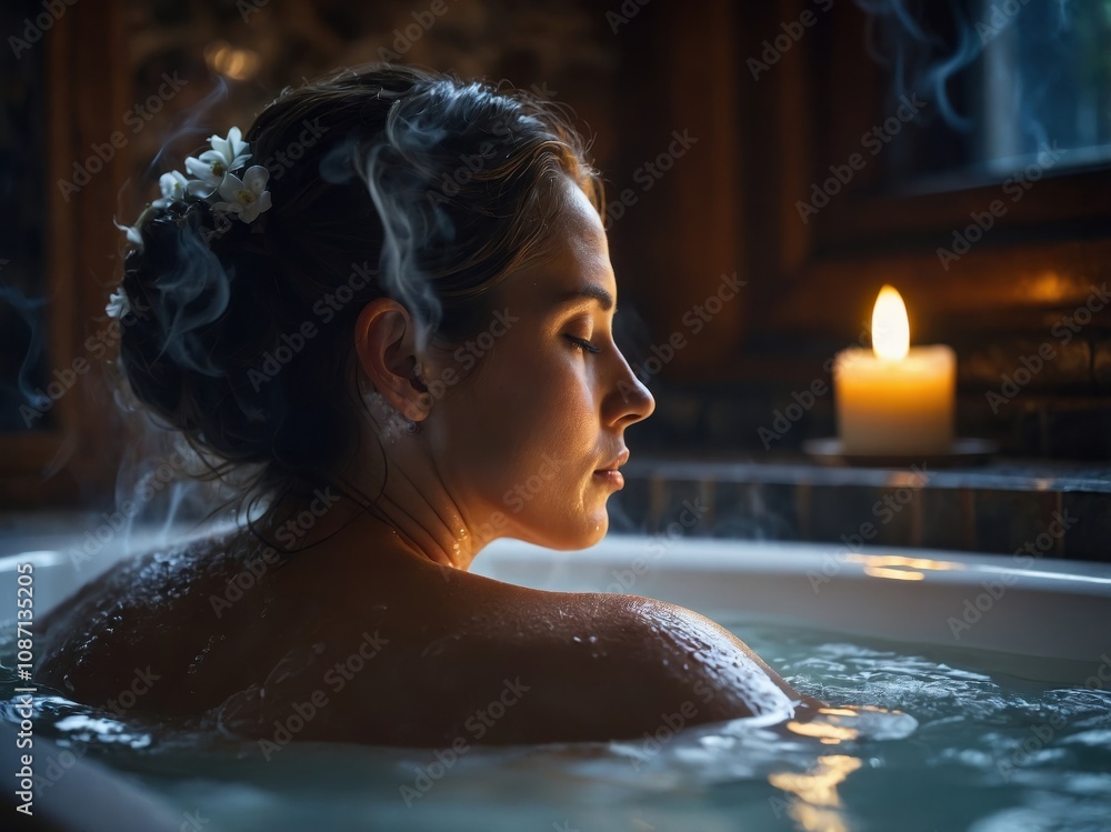 A serene woman is seen enjoying a relaxing bath, surrounded by warm lighting, soothing water, and an atmosphere of tranquility and peaceful self-care A serene woman is seen enjoying a relaxing bath, surrounded by warm lighting, soothing water, and an atmosphere of tranquility and peaceful self-care