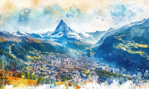 Watercolor Zermatt town and Matterhorn mountain aerial panoramic view in the Valais canton of Switzerland photo