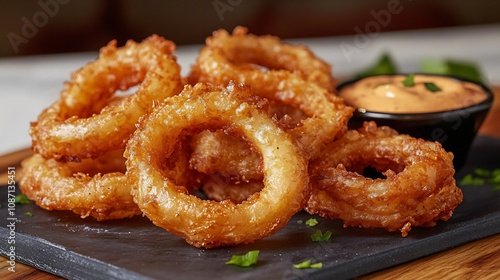 Crispy Bite-sized Savory, Bite-Sized Crispy Onion Rings with Spicy Dipping Sauce on Serving Plate