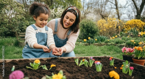 Fototapeta Naklejka Na Ścianę i Meble -  Mother and daughter gardening together in blooming spring garden. Mother and her child planting seeds together in their backyard garden, hands dirty with soil, excited to watch the flowers grow.