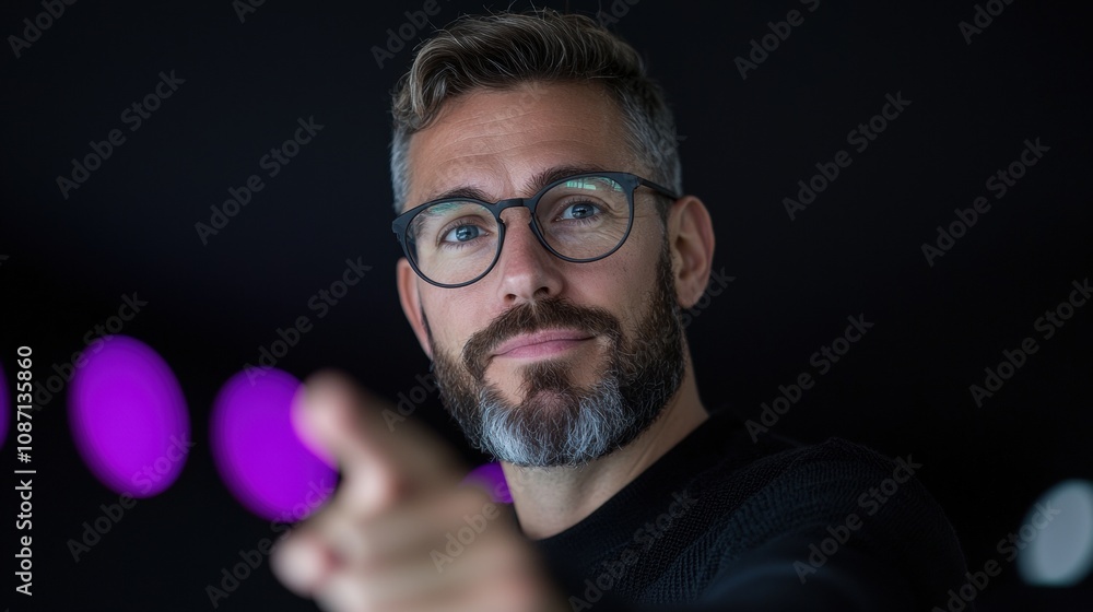 Fototapeta premium A man with glasses is pointing to something