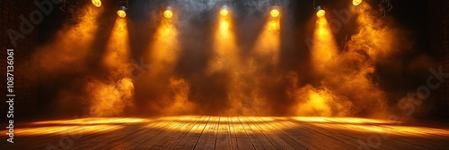 Free stage with lights and smoke, Empty stage with gold yellow spotlights, conser, show, party, Presentation concept.. orange spotlight strike on black background.banner design.empty gold podium stage photo