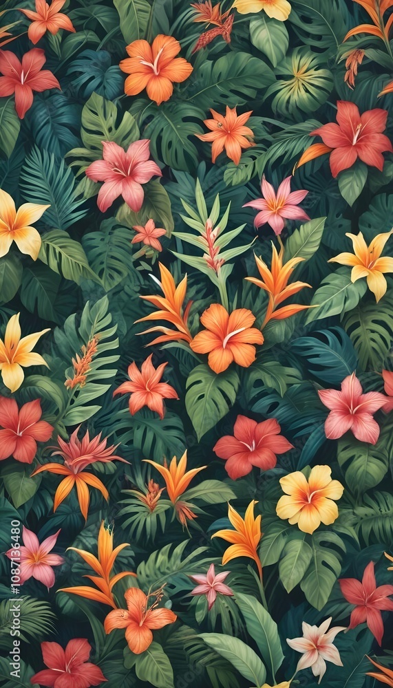 Tropical exotic pattern with animal and flowers in bright colors and lush vegetation Tropical exotic pattern with animal and flowers in bright colors and lush vegetation