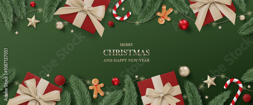 3D Merry Christmas luxury banner top view green background. Happy new year holiday realistic greeting card with gold gift box, decoration, red ball, pine leaves, lights garland and green tree branches