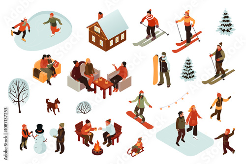 Set of isometric vector illustrations of people engaged in fun winter activities such as sledding, ice skating, building snowmen, and having snowball fights.