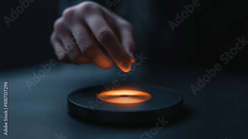 A hand is touching a glowing object on a table