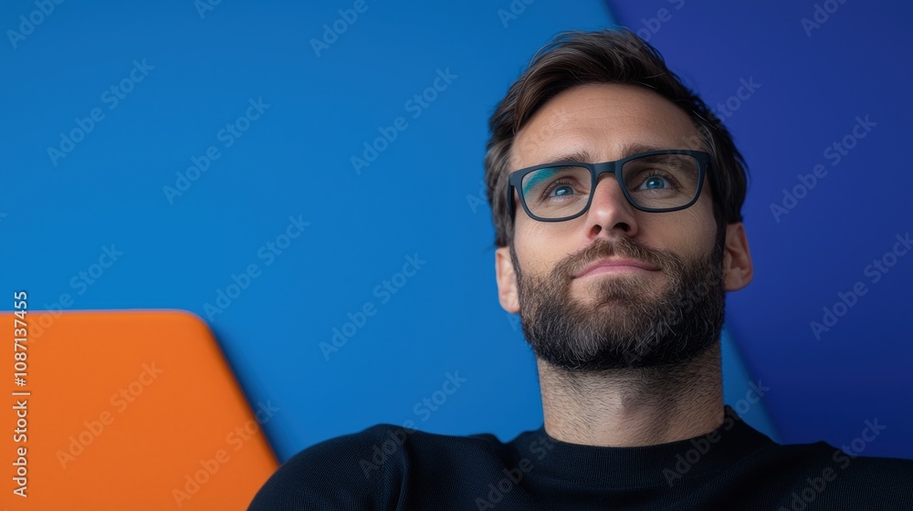 A man with glasses is sitting on a chair with a blue background A man with glasses is sitting on a chair with a blue background