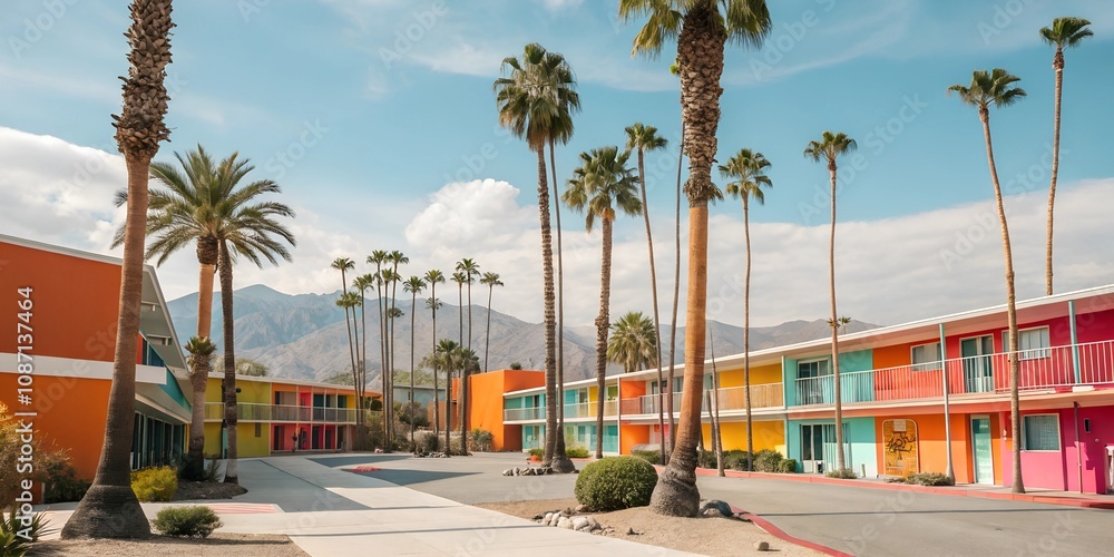 Fototapeta premium Colorful retro hotel with palm trees and views of a picturesque mountain backdrop on a sunny day