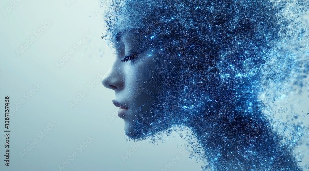 Human silhouette in digital wireframe transformation with electric blue accents - Generative AI Human silhouette in digital wireframe transformation with electric blue accents - Generative AI