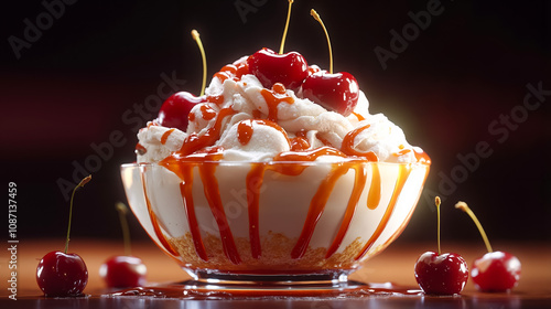 A bowl of ice cream topped with whipped cream and cherries photo