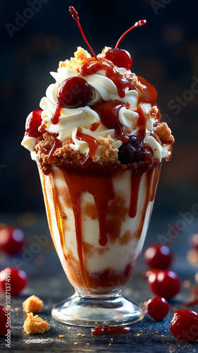 An ice cream sundae with cherries and caramel sauce photo