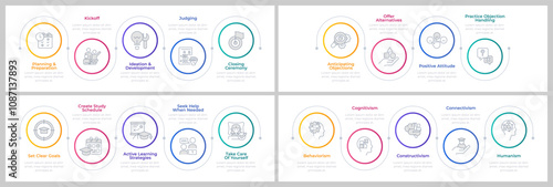 Learning strategies infographics circles set. Studying theories, education. Editable thin line icons diagrams process with steps collection. Montserrat-SemiBold, Regular fonts used