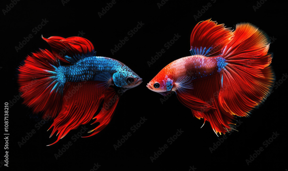 Fototapeta premium Beautiful movement of Fullmoon betta fish, Two Fancy Fullmoon Betta, The moving moment beautiful of Siamese Fighting fish, Betta splendens, Rhythmic of Betta fish isolated on black background