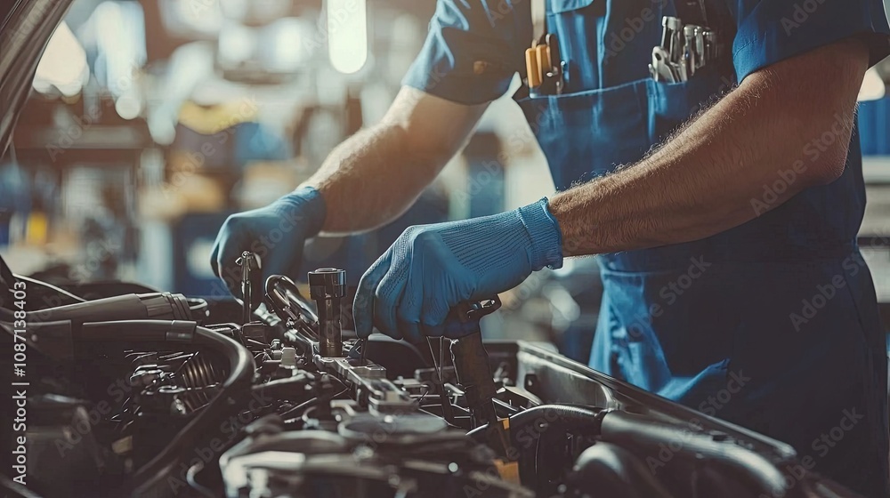 mechanic in a blue uniform working on a car engine at a service center, close-up view of hands with tools and the vehicle's open hood mechanic in a blue uniform working on a car engine at a service center, close-up view of hands with tools and the vehicle's open hood