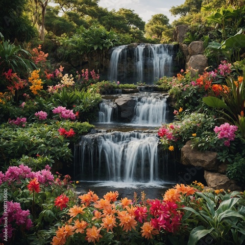 A waterfall cascading into a floral garden filled with exotic blooms.

