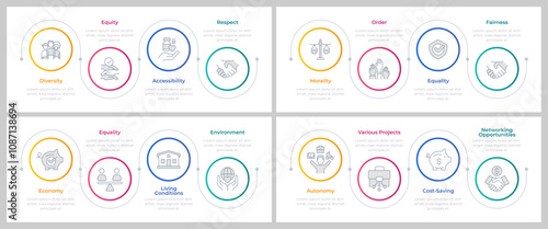 Social equality infographics circles set. Multicultural acceptance, remote work. Editable thin line icons diagrams process with steps collection. Montserrat-SemiBold, Regular fonts used