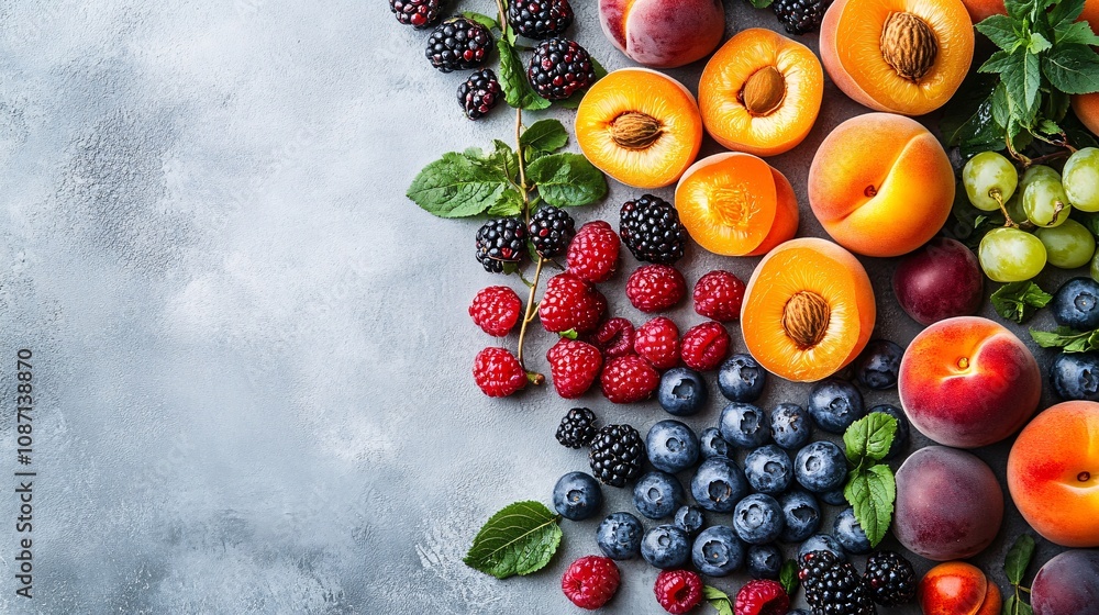Isolated on white background a variety of fresh stone fruits including apricots nectarines and peaches arranged in a colorful composition with side empty space for text Stockphoto style Isolated on white background a variety of fresh stone fruits including apricots nectarines and peaches arranged in a colorful composition with side empty space for text Stockphoto style